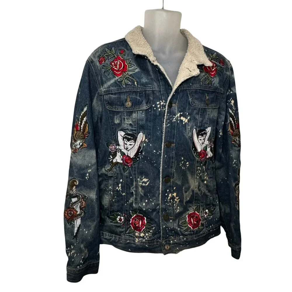 Reason Denim Sherpa Trucker Jacket Death Before Dishonor Embroidered Tattoo sz L